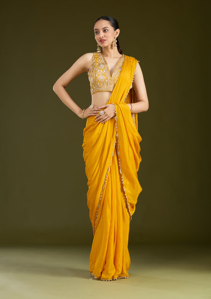 Mustard Yellow Satin Cutdana Saree With Matching Blouse Piece