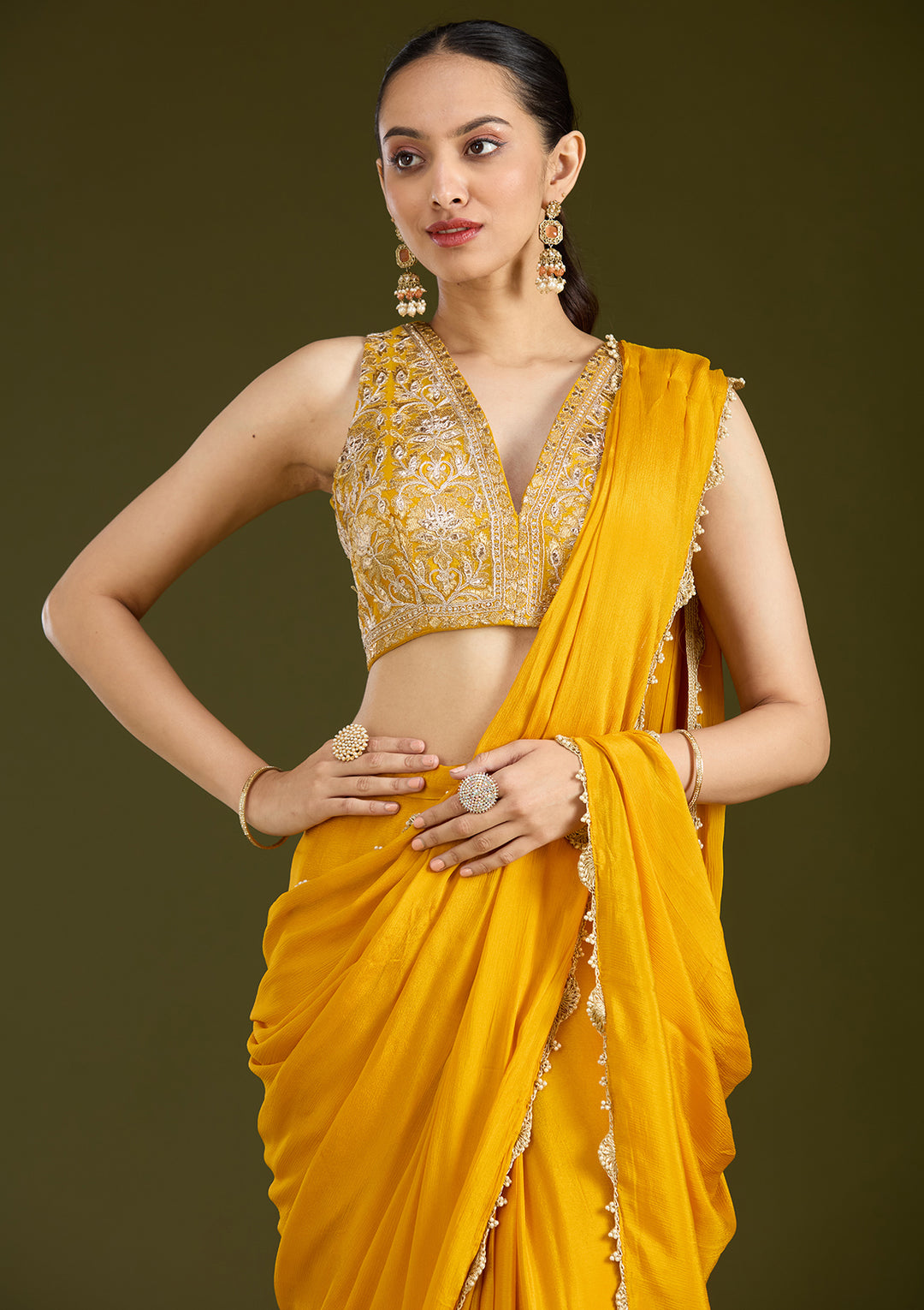 Mustard Yellow Satin Cutdana Saree With Matching Blouse Piece