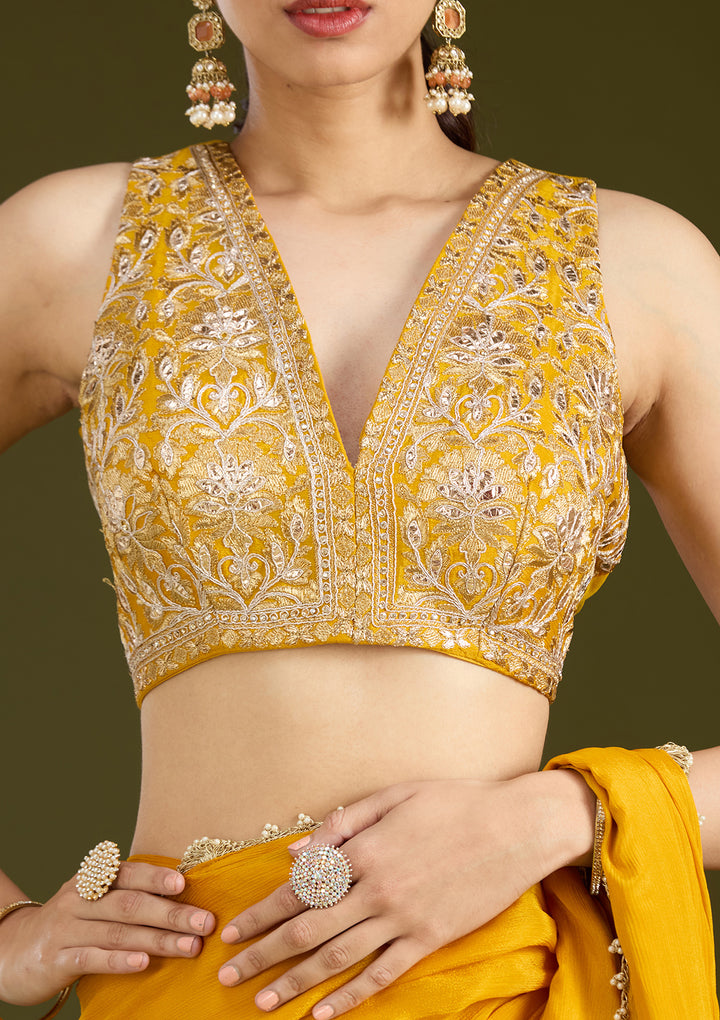 Mustard Yellow Satin Cutdana Saree With Matching Blouse Piece