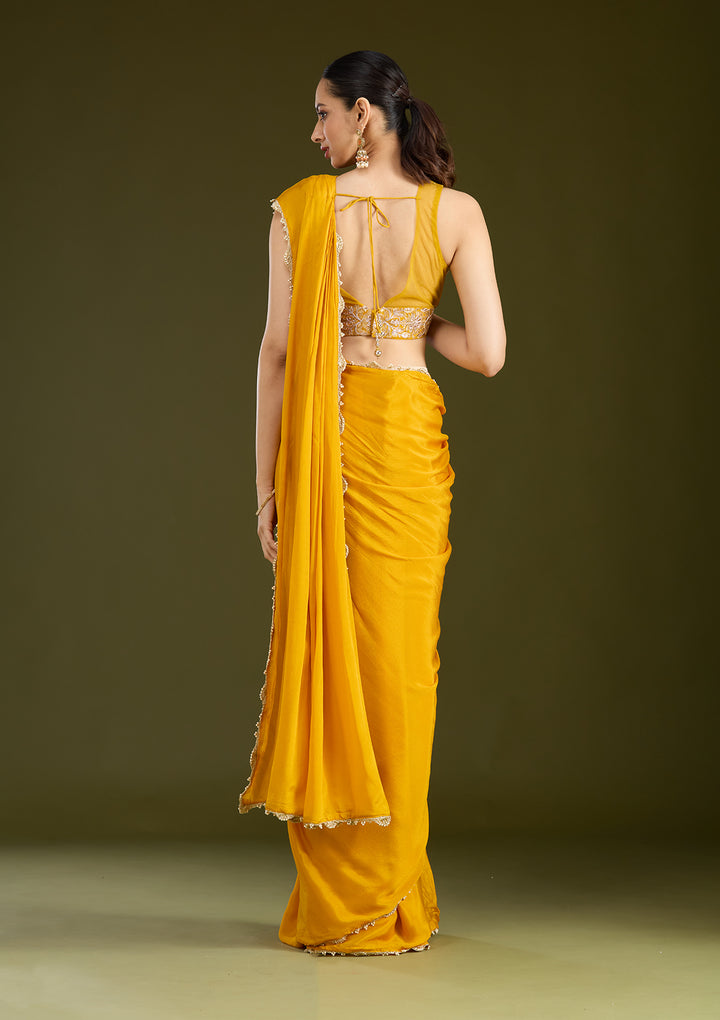 Mustard Yellow Satin Cutdana Saree With Matching Blouse Piece