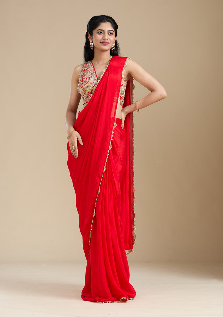 Red Cutdana Satin Saree