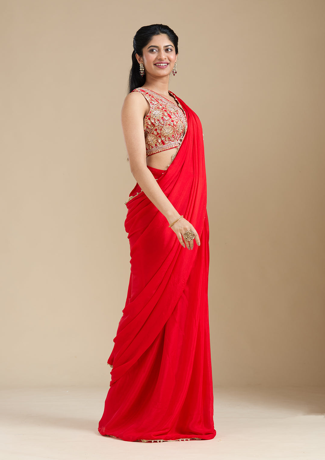 Red Cutdana Satin Saree