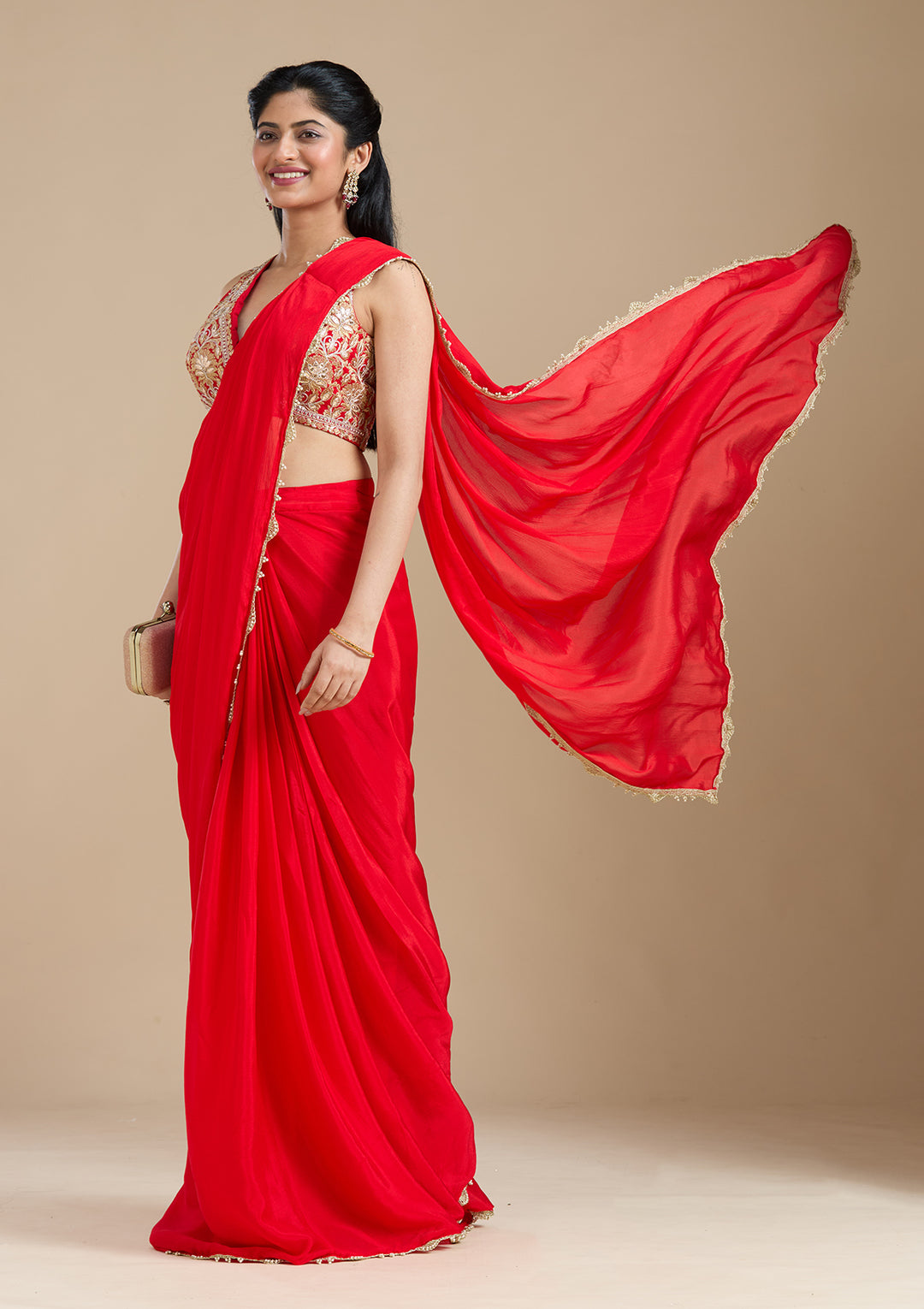 Red Cutdana Satin Saree