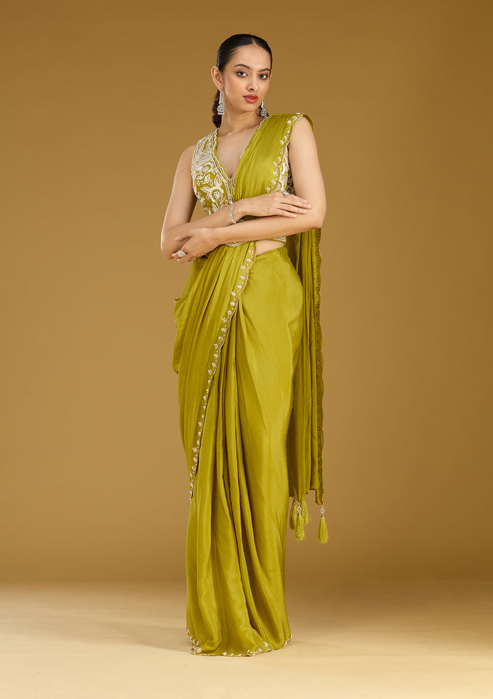 Mehandi Green Satin Cutdana Saree With Matching Blouse Piece