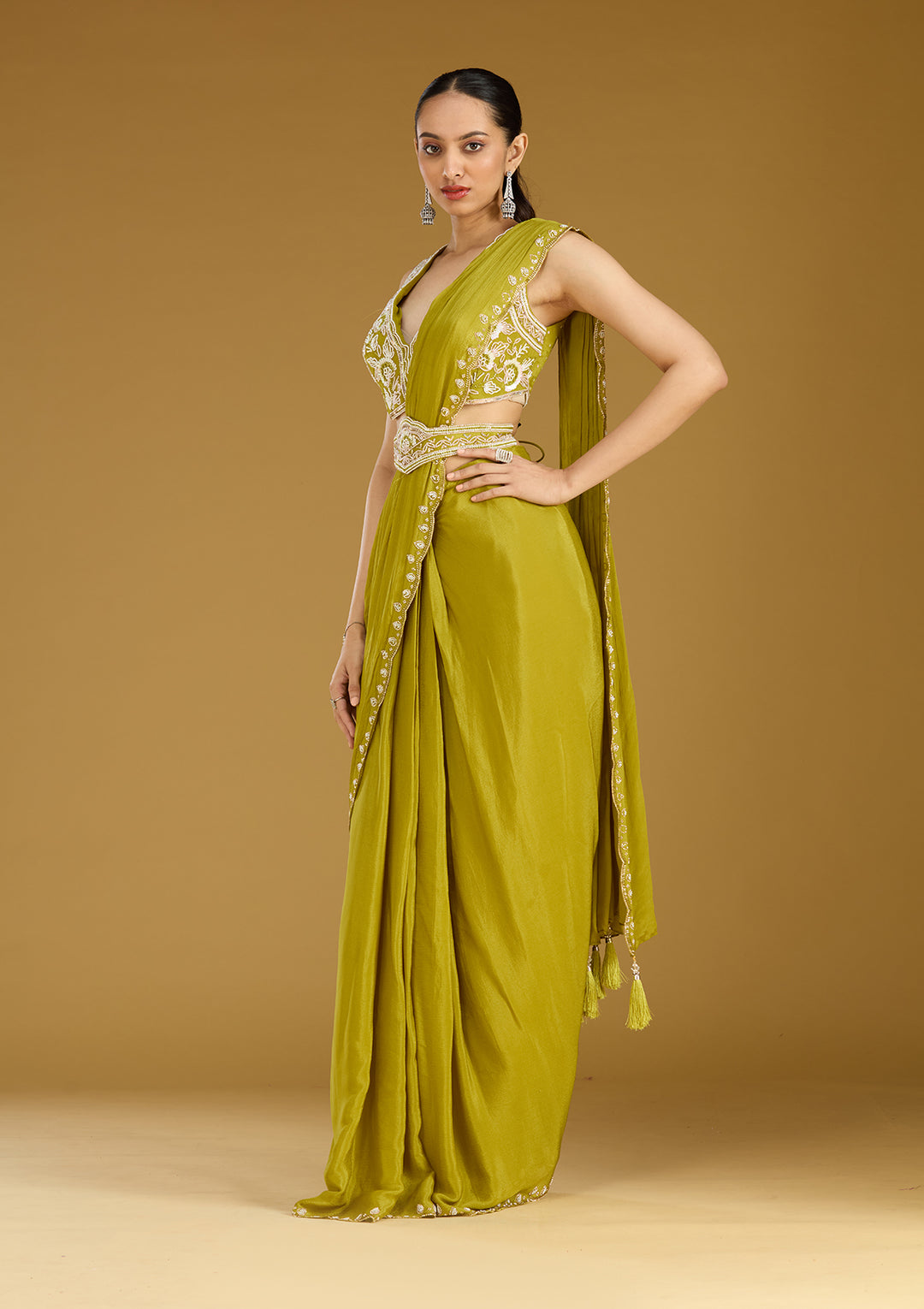 Mehandi Green Satin Cutdana Saree With Matching Blouse Piece