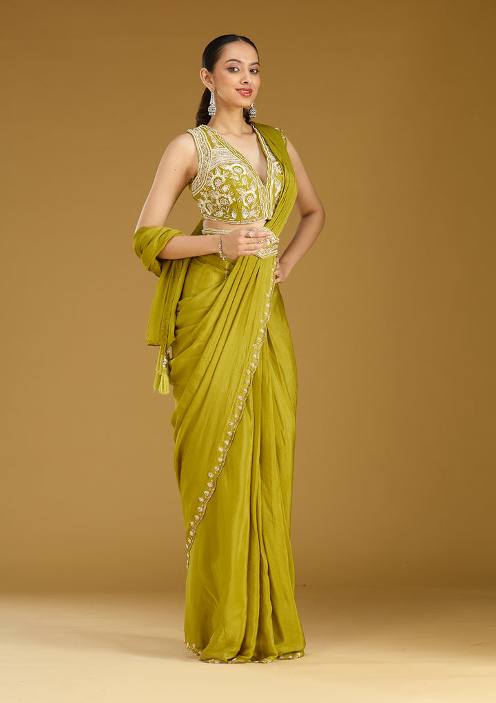 Mehandi Green Satin Cutdana Saree With Matching Blouse Piece