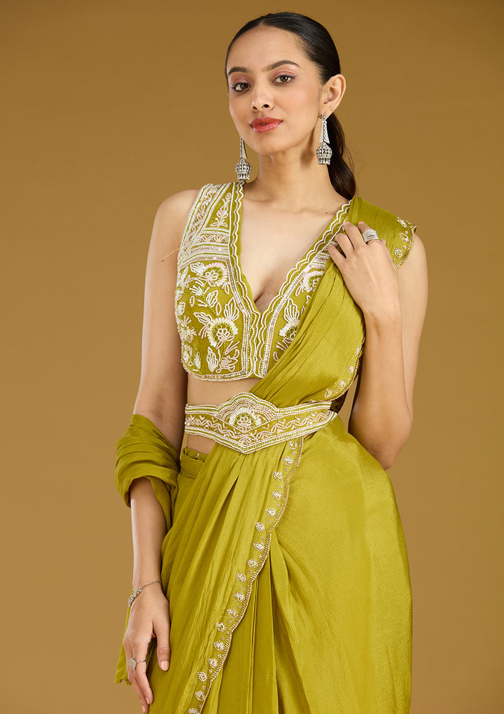 Mehandi Green Satin Cutdana Saree With Matching Blouse Piece