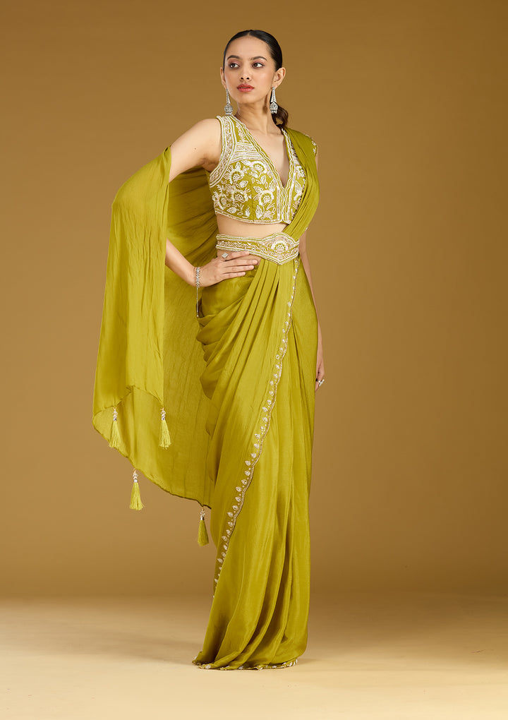 Mehandi Green Satin Cutdana Saree With Matching Blouse Piece