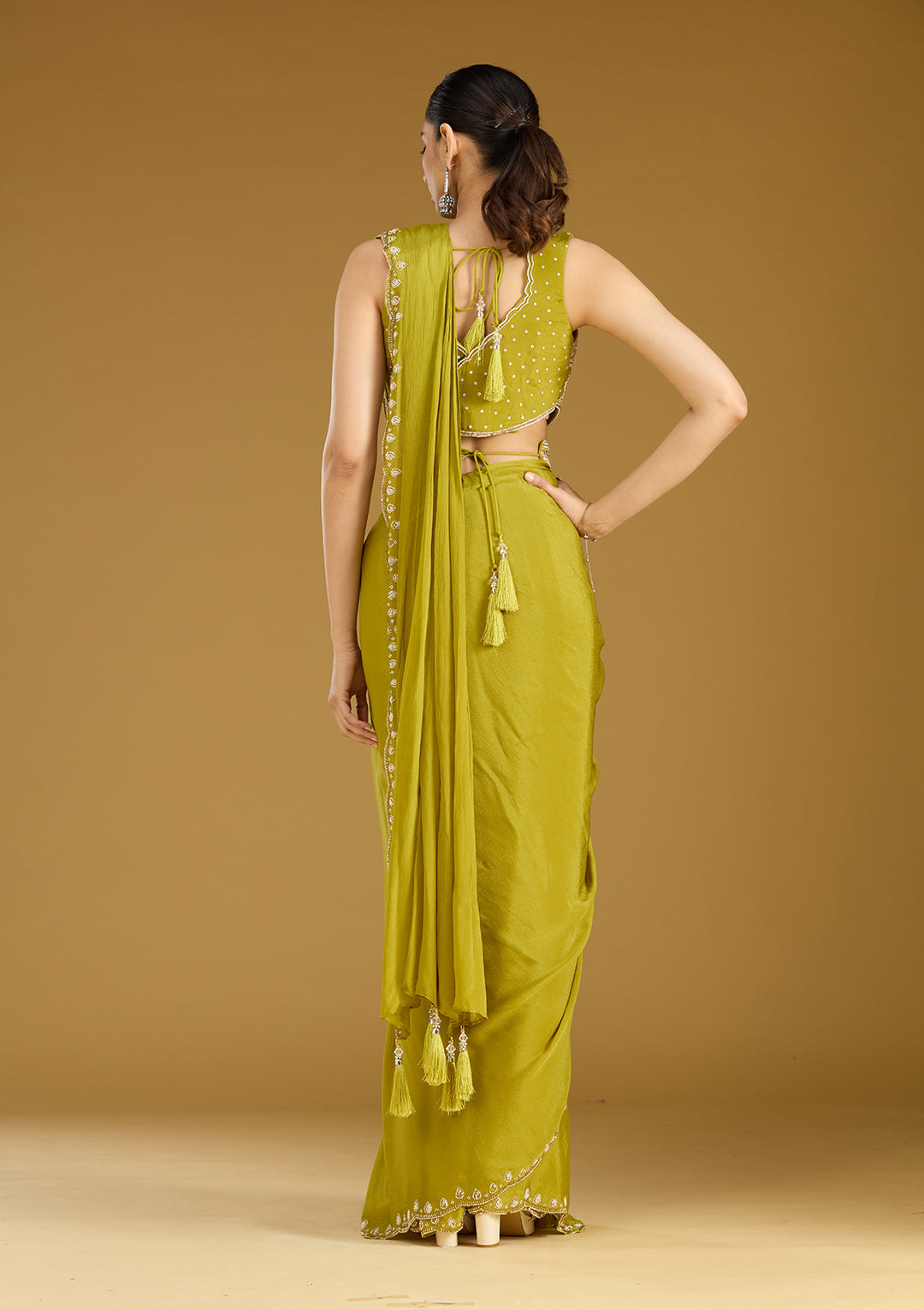 Mehandi Green Satin Cutdana Saree With Matching Blouse Piece