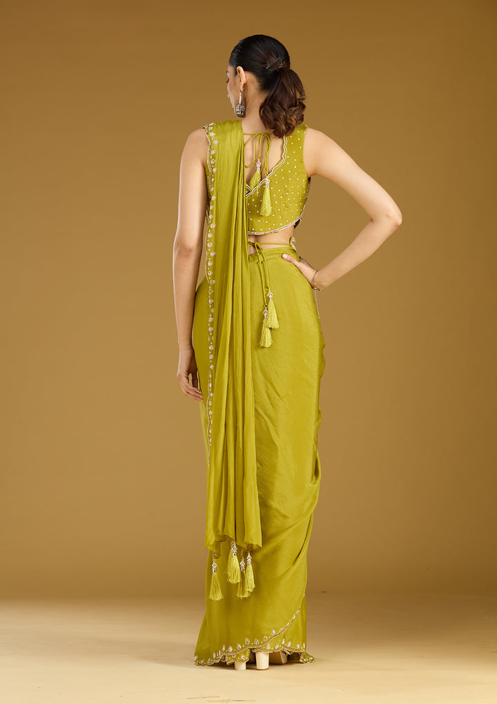 Mehandi Green Satin Cutdana Saree With Matching Blouse Piece