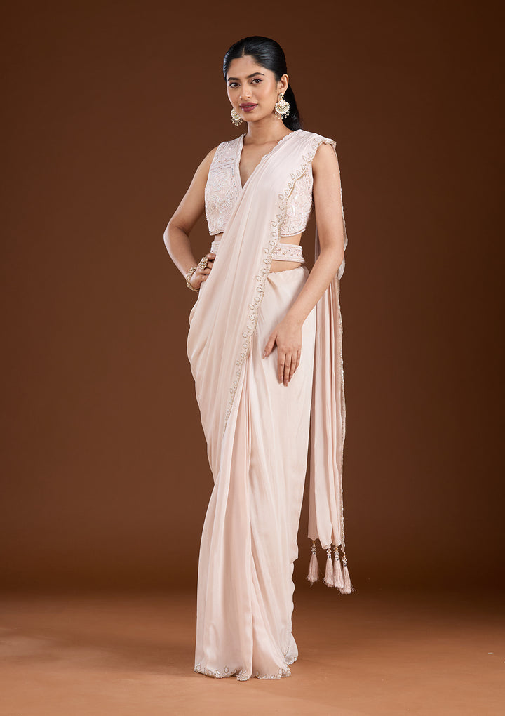 Off White Satin Cutdana Saree With Matching Blouse Piece