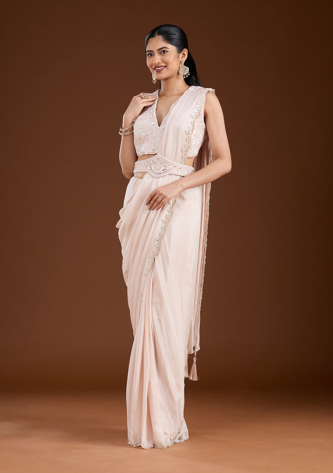 Off White Satin Cutdana Saree With Matching Blouse Piece