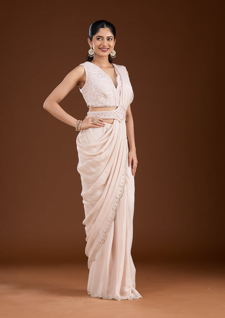 Off White Satin Cutdana Saree With Matching Blouse Piece