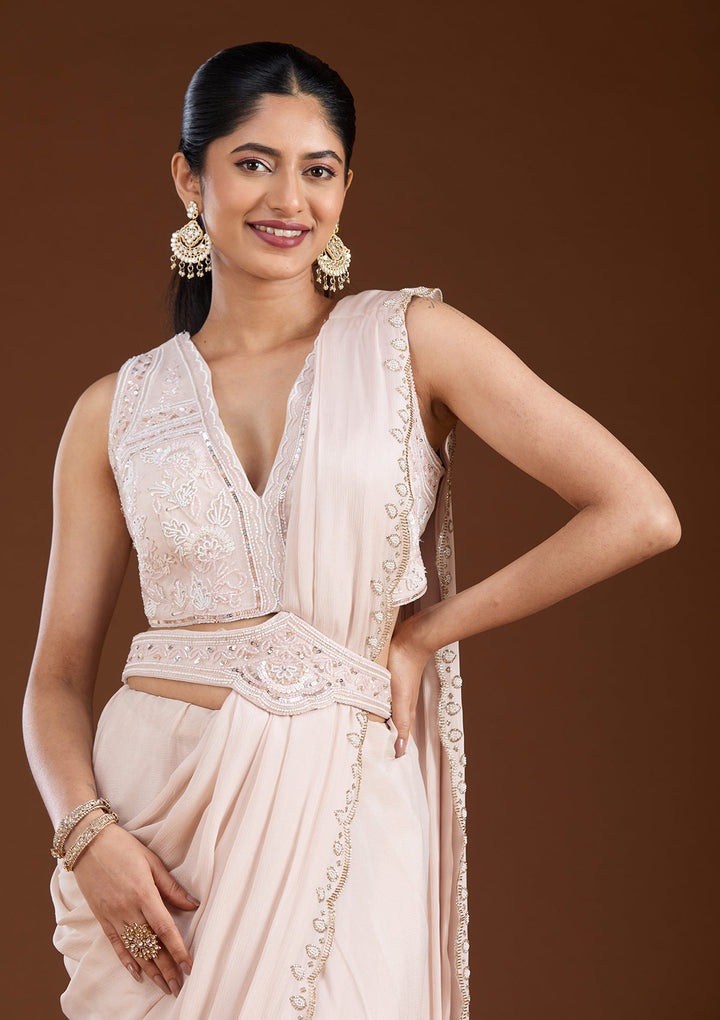 Off White Satin Cutdana Saree With Matching Blouse Piece