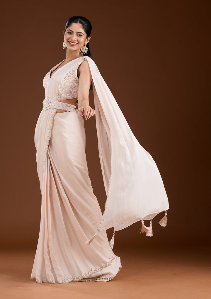 Off White Satin Cutdana Saree With Matching Blouse Piece