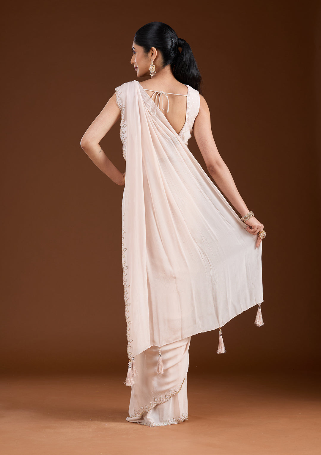 Off White Satin Cutdana Saree With Matching Blouse Piece