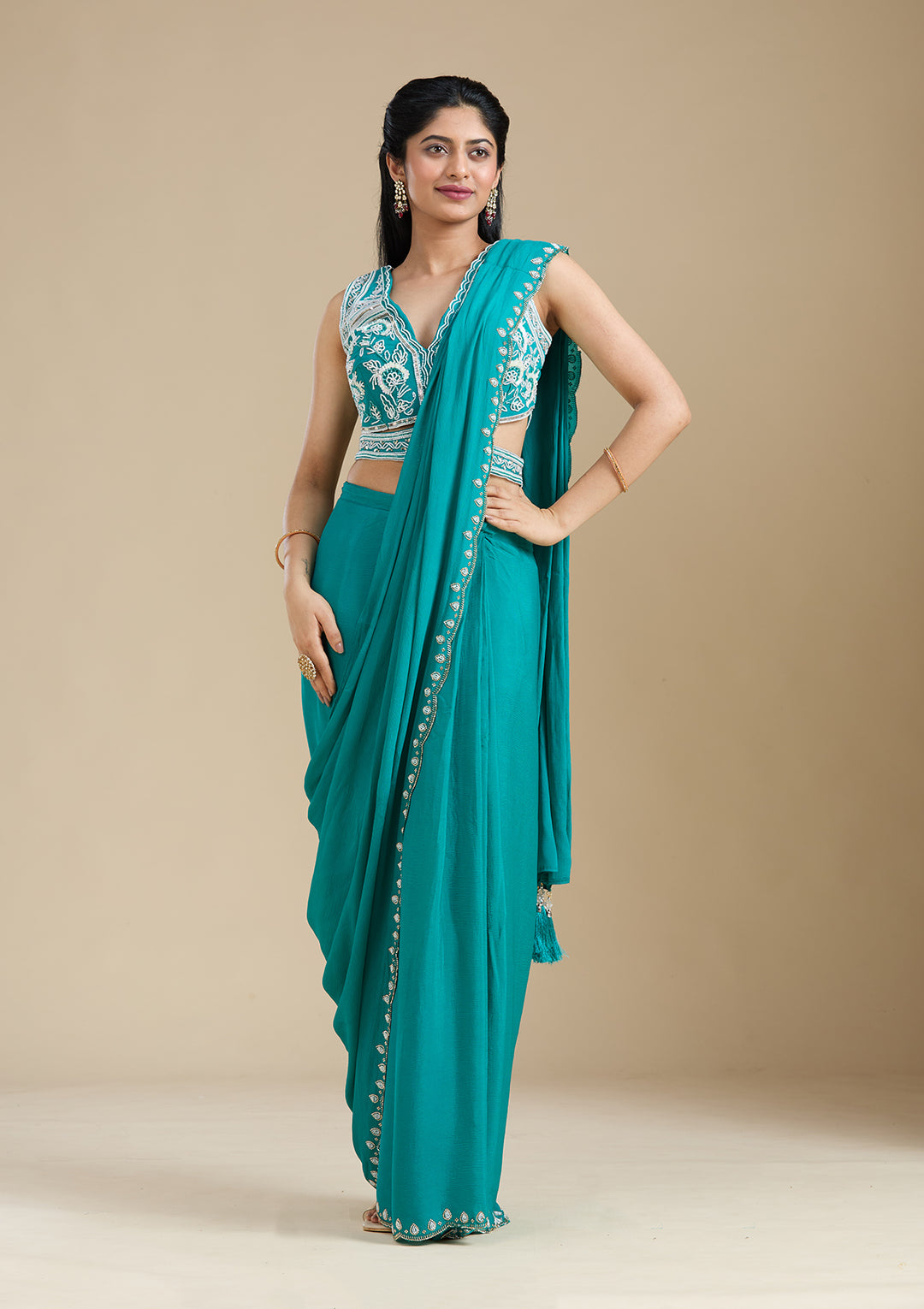 Turquoise Blue Satin Cutdana Saree With Matching Blouse Piece