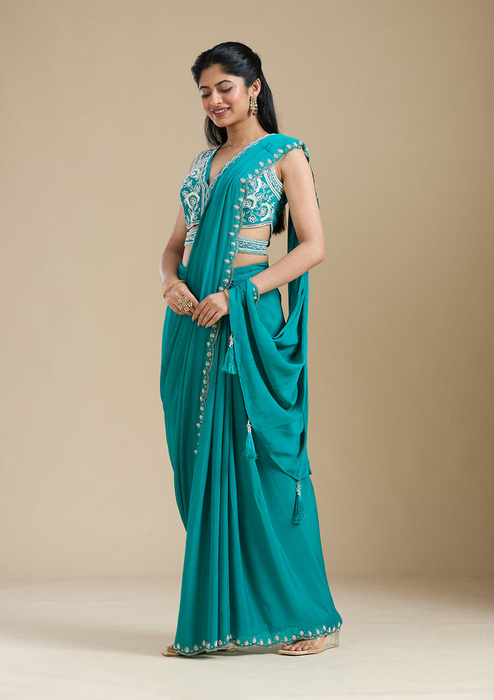 Turquoise Blue Satin Cutdana Saree With Matching Blouse Piece