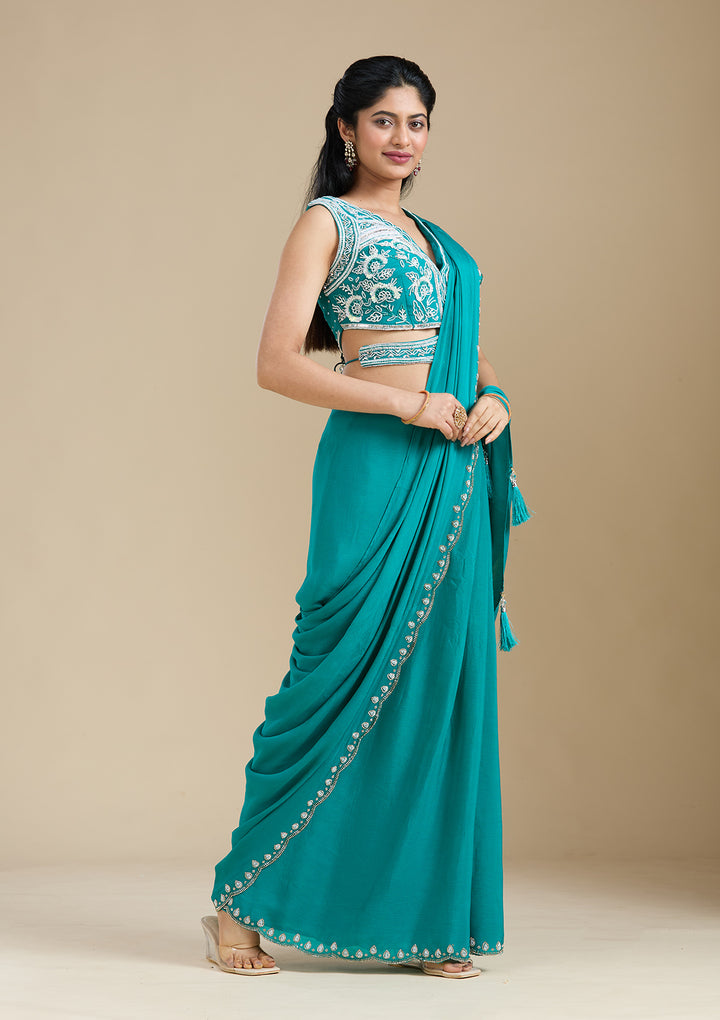 Turquoise Blue Satin Cutdana Saree With Matching Blouse Piece