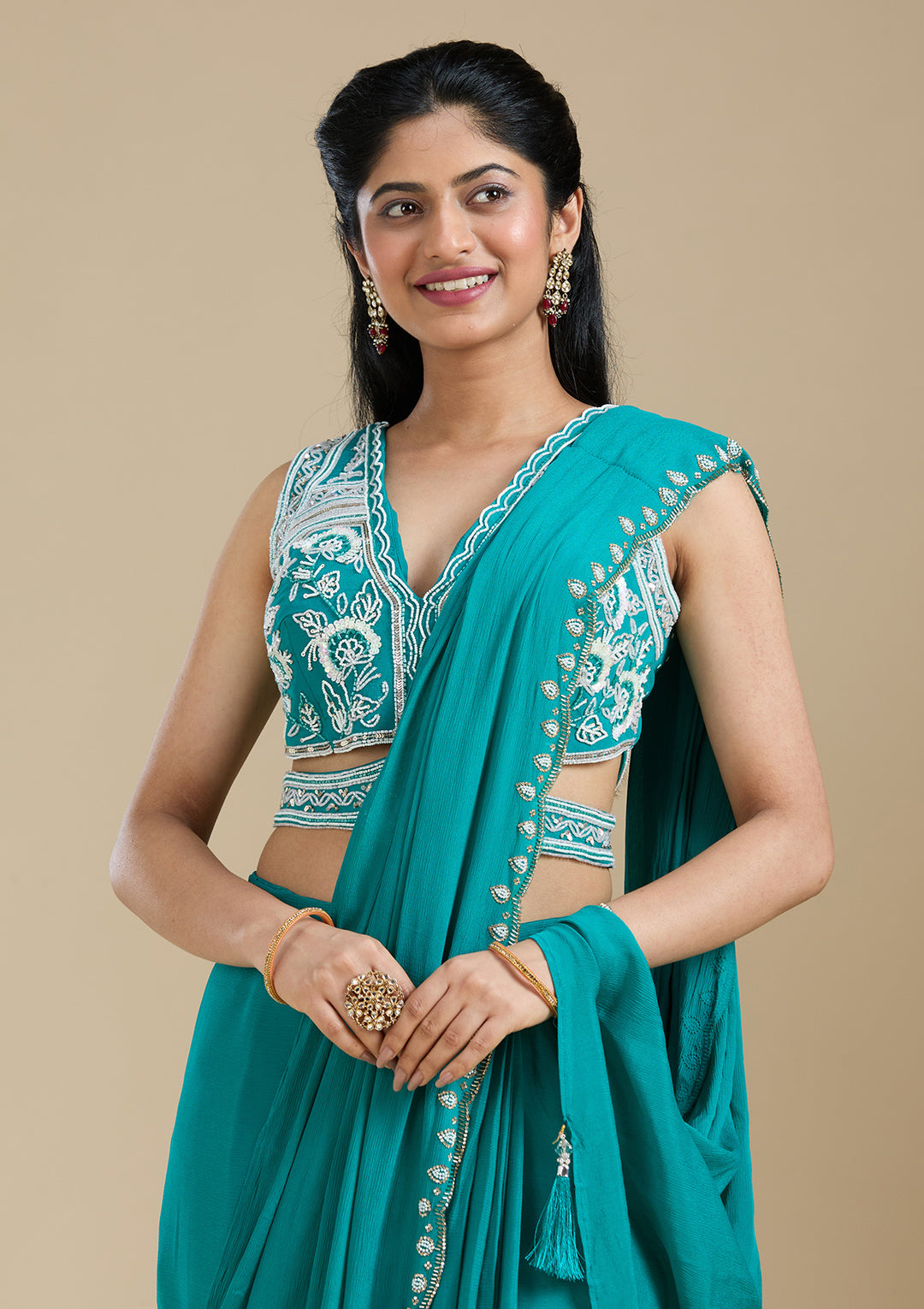 Turquoise Blue Satin Cutdana Saree With Matching Blouse Piece