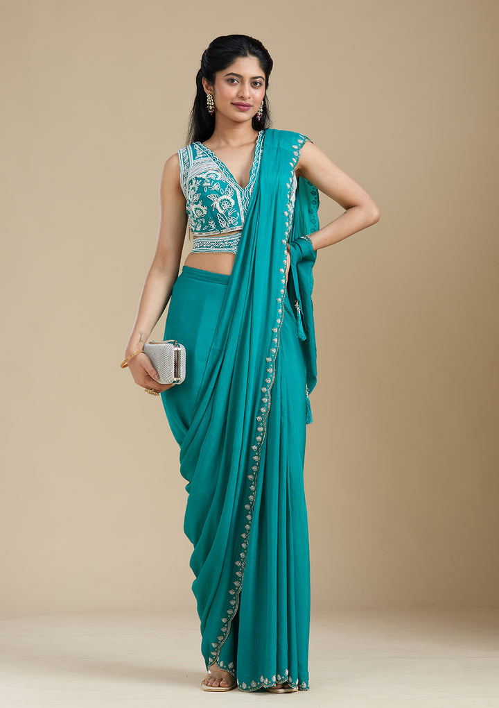 Turquoise Blue Satin Cutdana Saree With Matching Blouse Piece