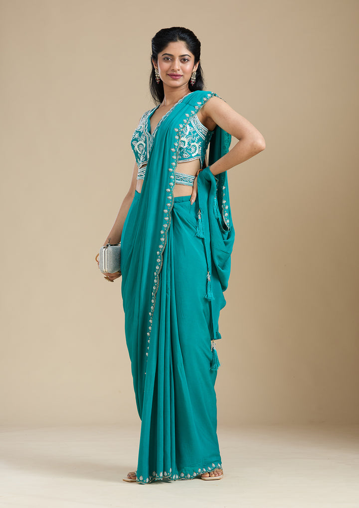 Turquoise Blue Satin Cutdana Saree With Matching Blouse Piece