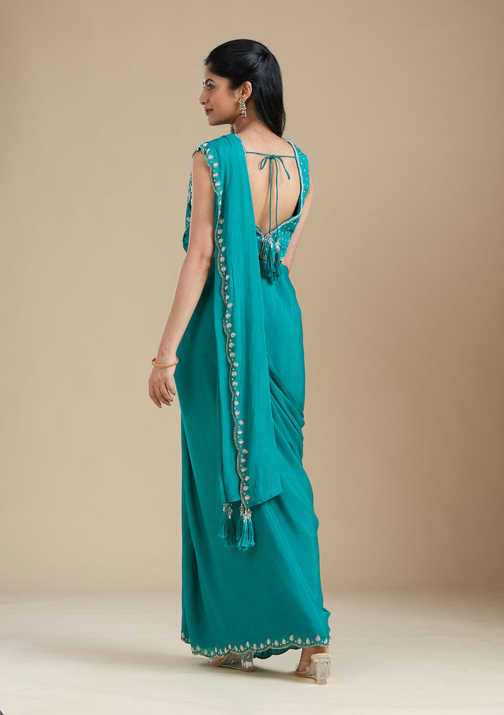 Turquoise Blue Satin Cutdana Saree With Matching Blouse Piece