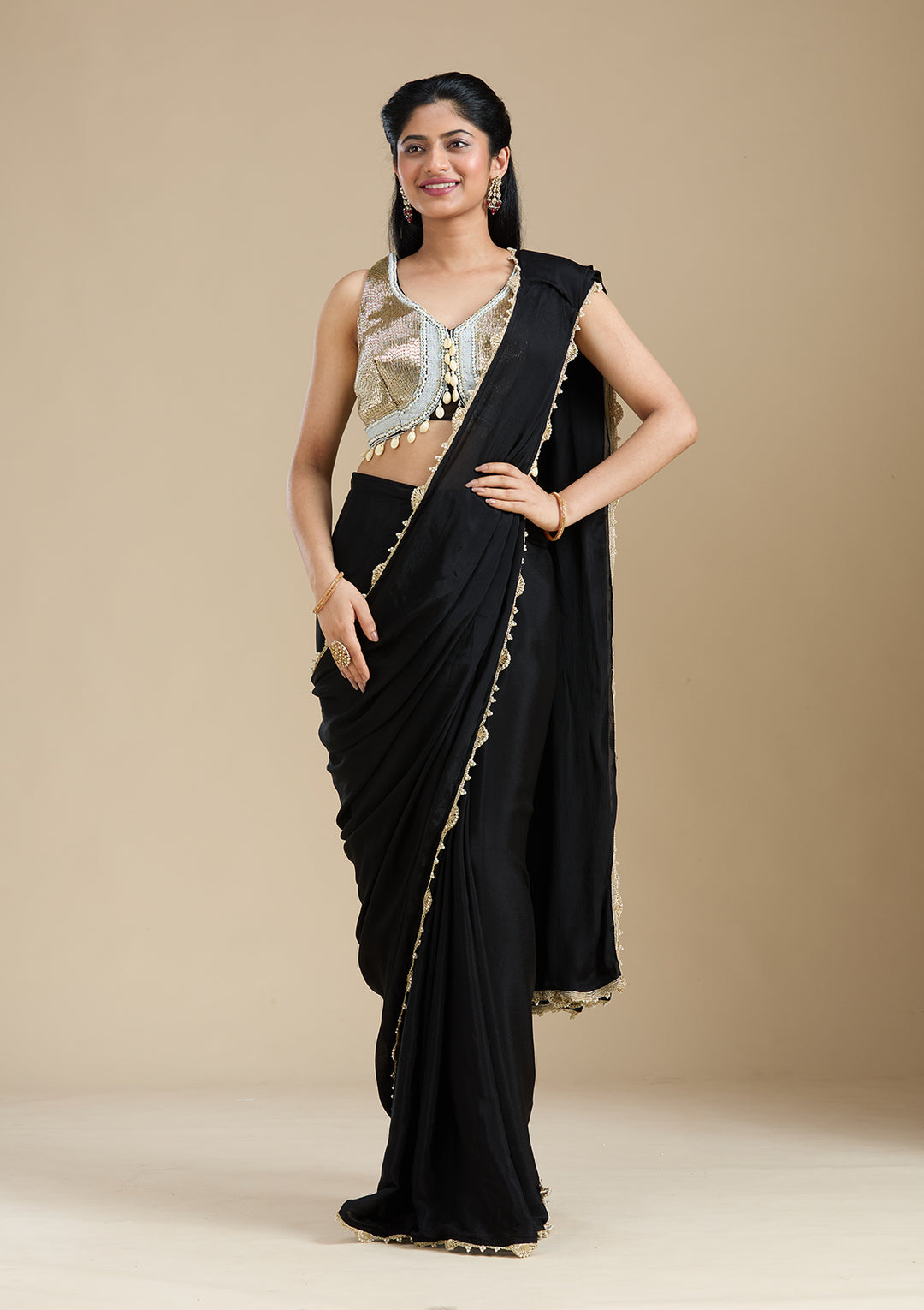Black Satin Sequins Saree With Matching Blouse Piece