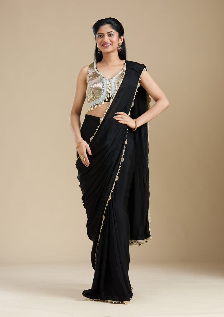Black Satin Sequins Saree With Matching Blouse Piece