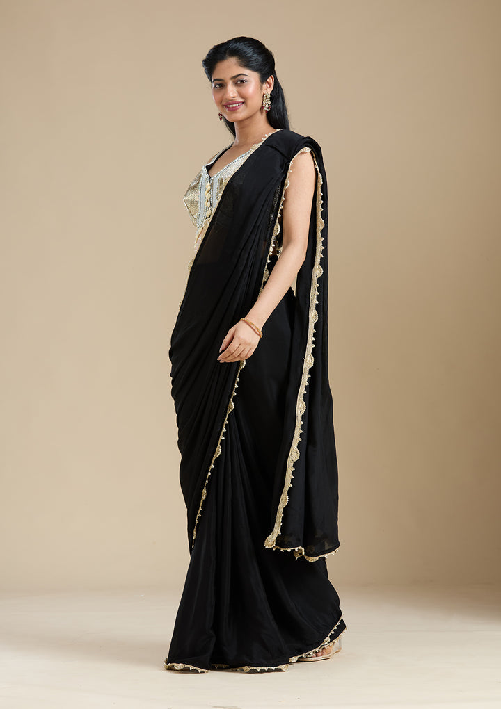 Black Satin Sequins Saree With Matching Blouse Piece