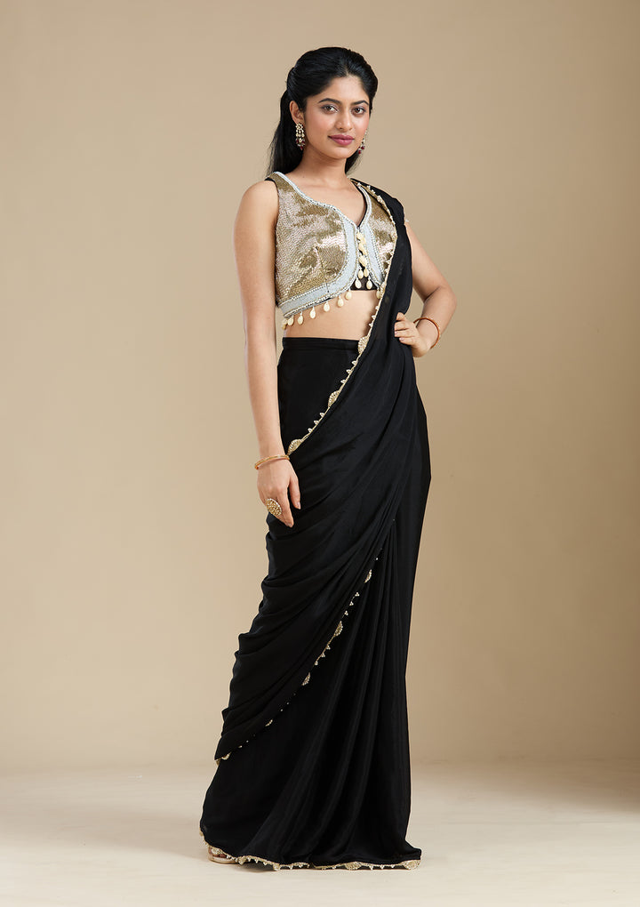 Black Satin Sequins Saree With Matching Blouse Piece