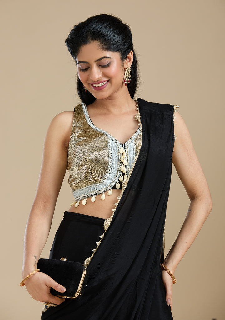 Black Satin Sequins Saree With Matching Blouse Piece