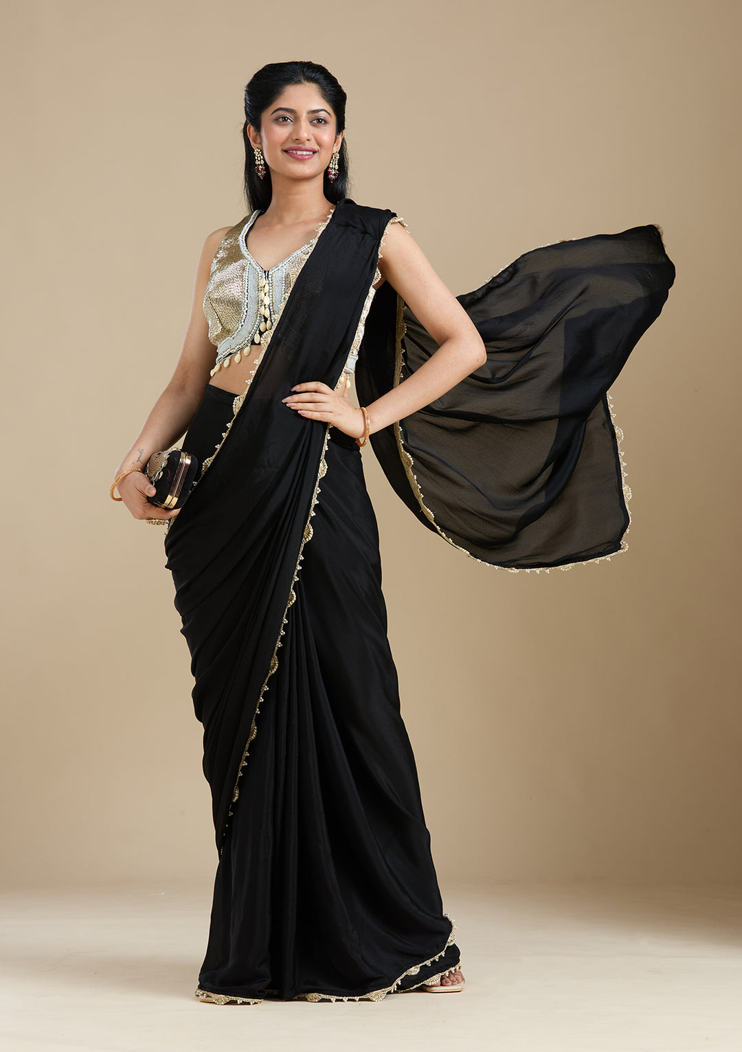 Black Satin Sequins Saree With Matching Blouse Piece