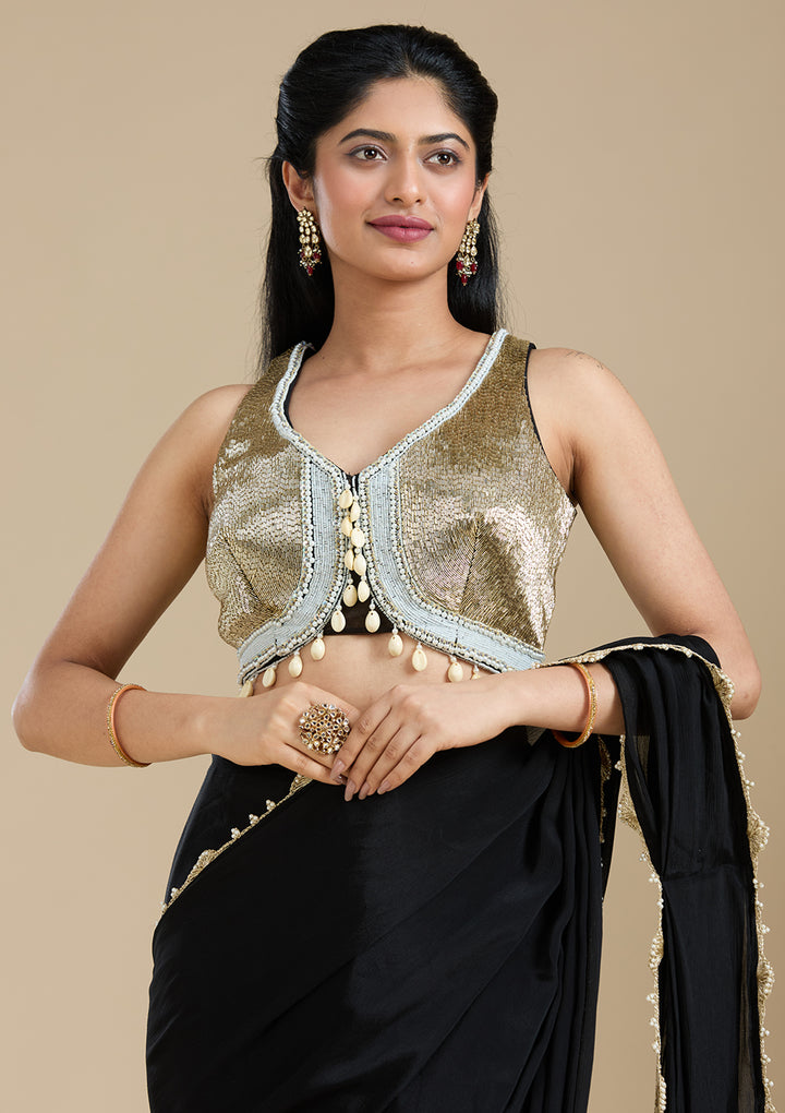 Black Satin Sequins Saree With Matching Blouse Piece
