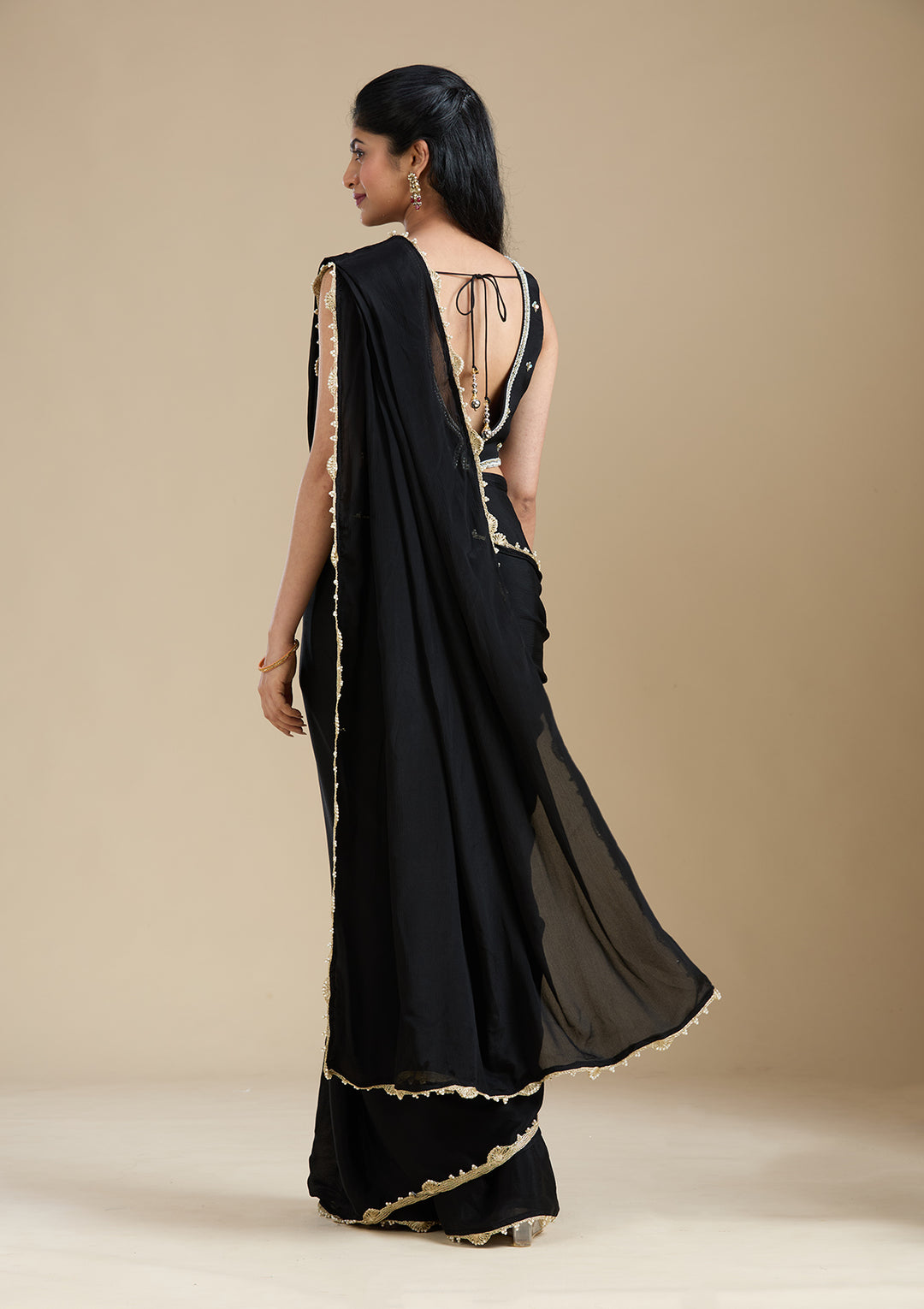 Black Satin Sequins Saree With Matching Blouse Piece