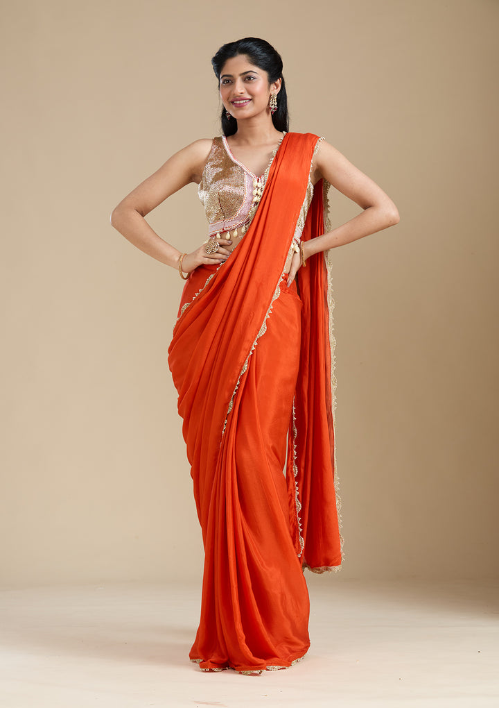 Orange Satin Sequins Saree With Matching Blouse Piece