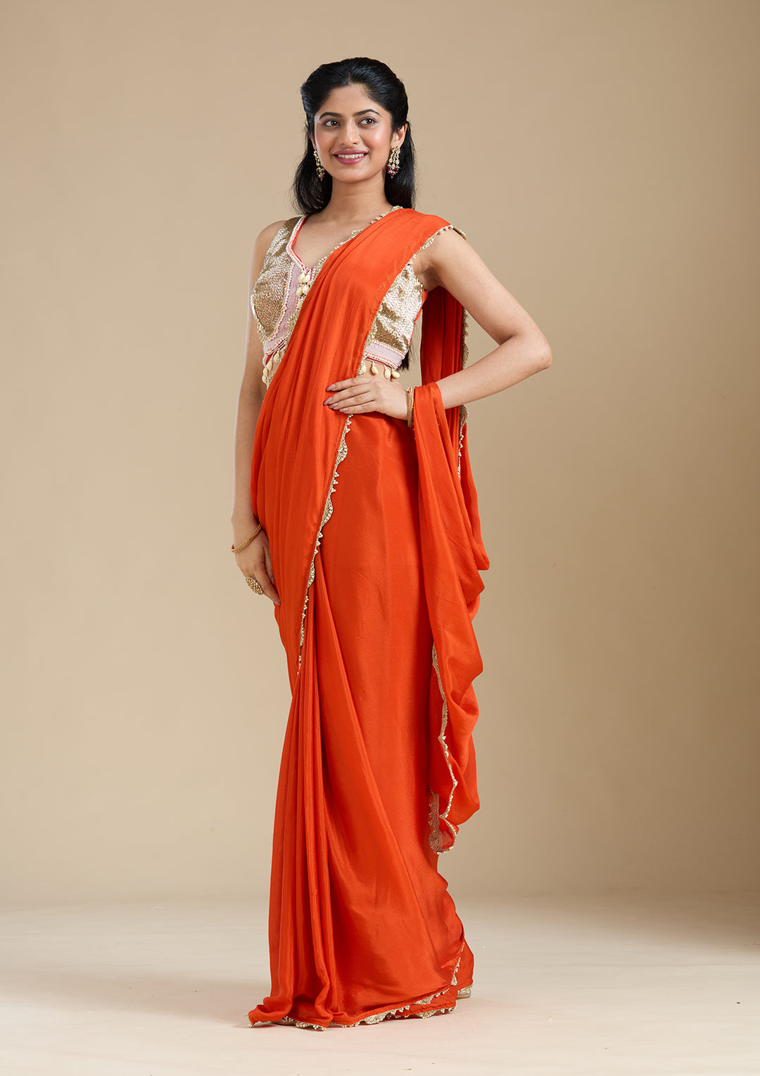 Orange Satin Sequins Saree With Matching Blouse Piece