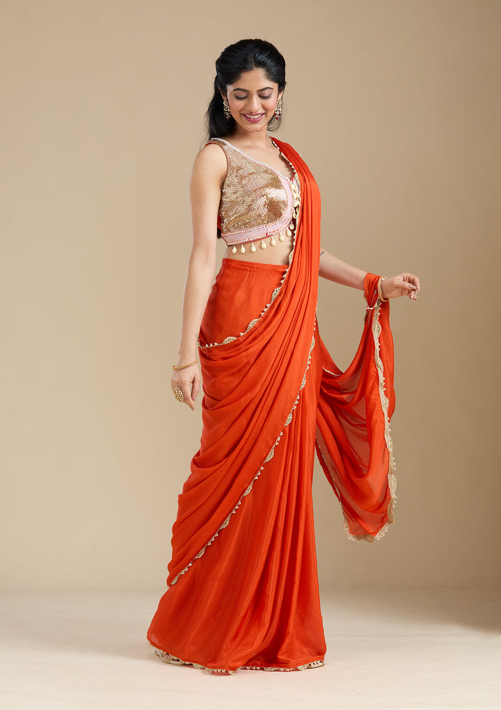 Orange Satin Sequins Saree With Matching Blouse Piece