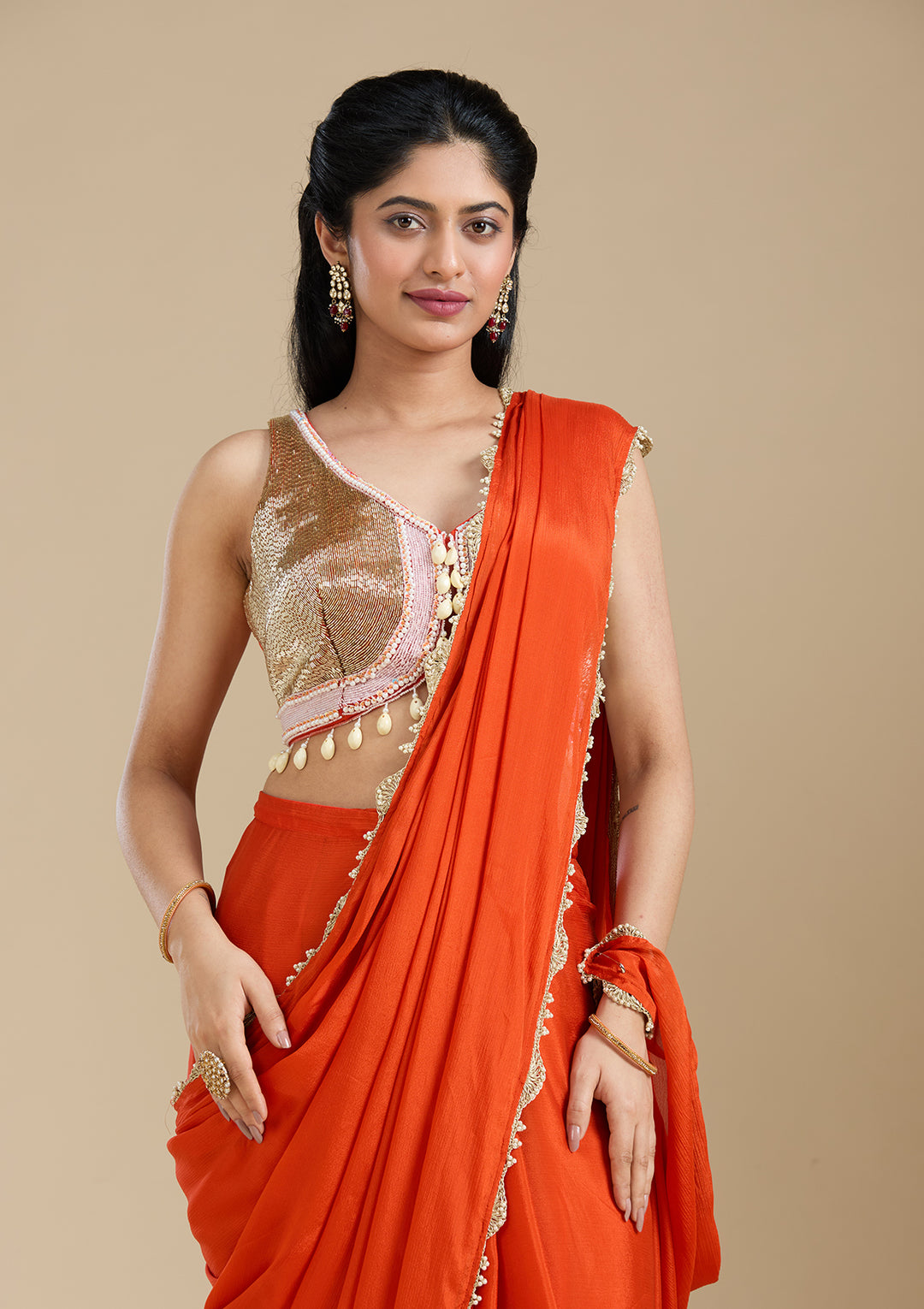 Orange Satin Sequins Saree With Matching Blouse Piece