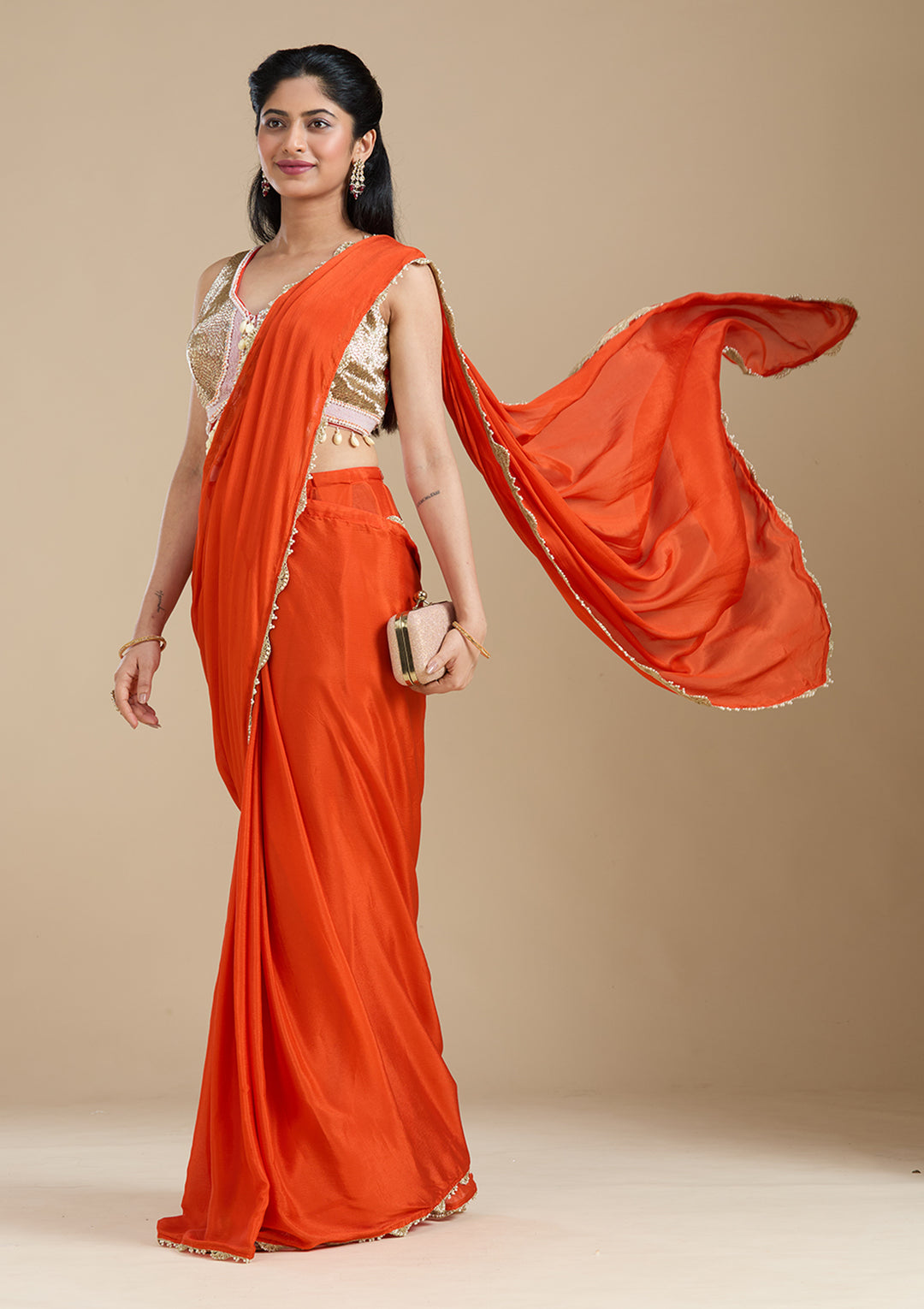 Orange Satin Sequins Saree With Matching Blouse Piece