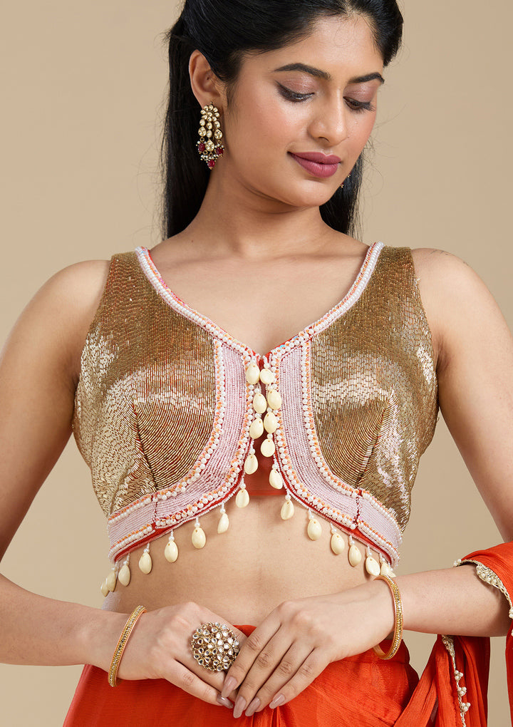 Orange Satin Sequins Saree With Matching Blouse Piece