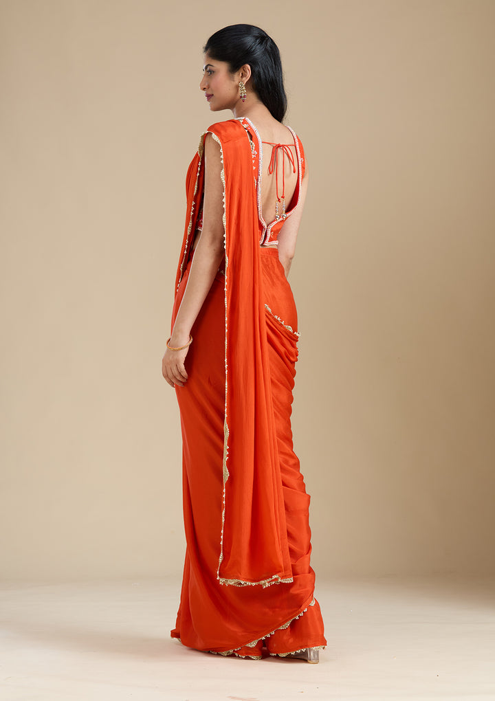 Orange Satin Sequins Saree With Matching Blouse Piece