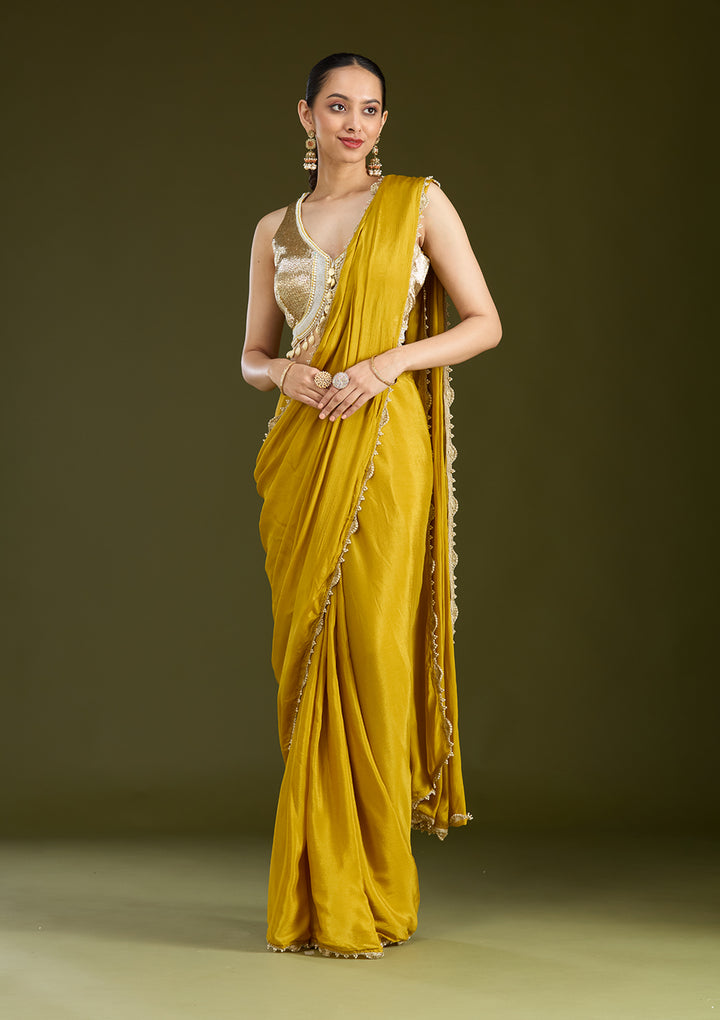Yellow Sequins Satin Saree