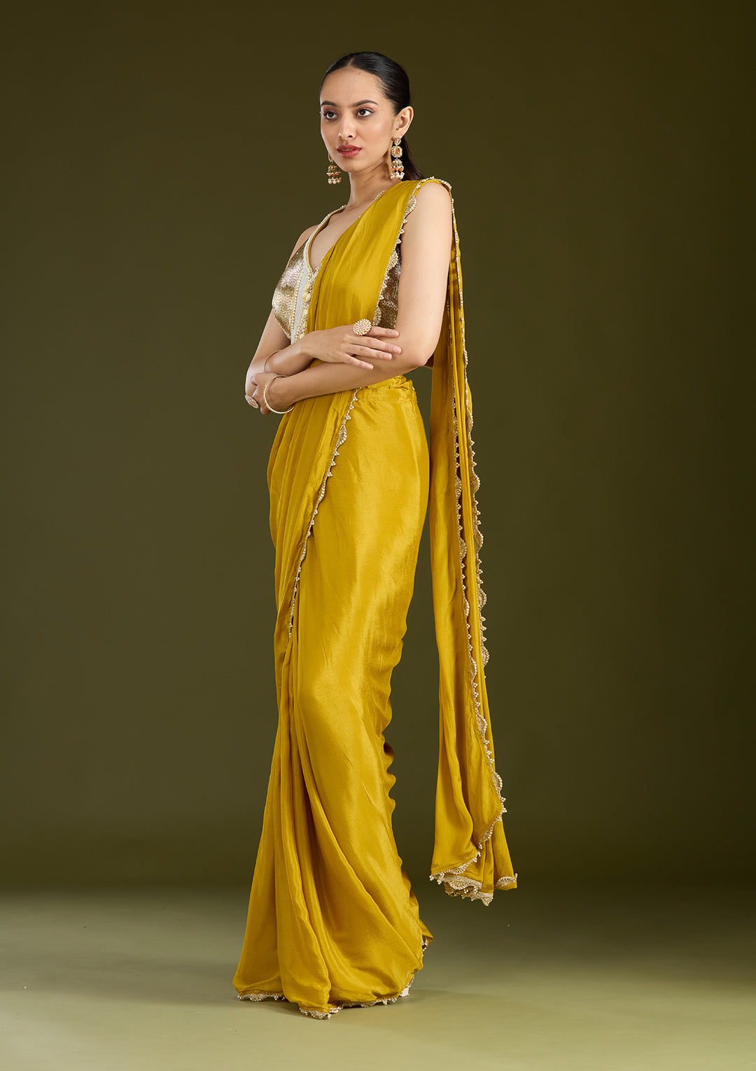 Yellow Sequins Satin Saree