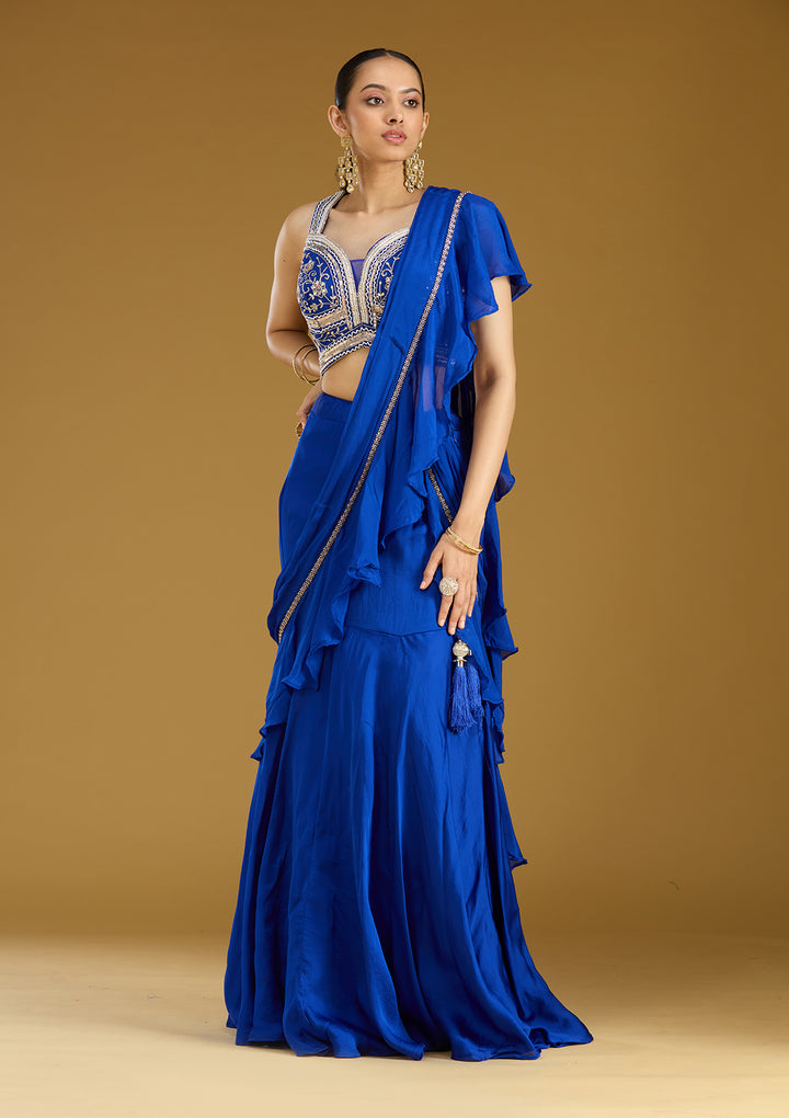 Royal Blue Satin Cutdana Saree With Matching Blouse Piece