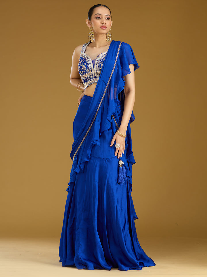 Royal Blue Cutdana Satin Readymade Saree
