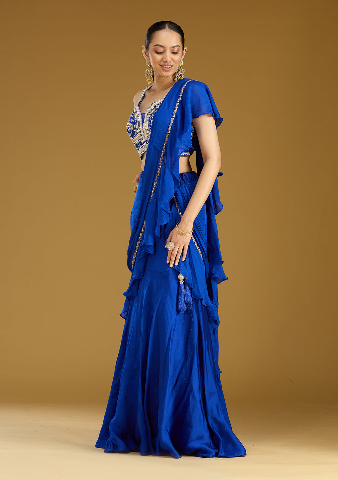 Royal Blue Satin Cutdana Saree With Matching Blouse Piece