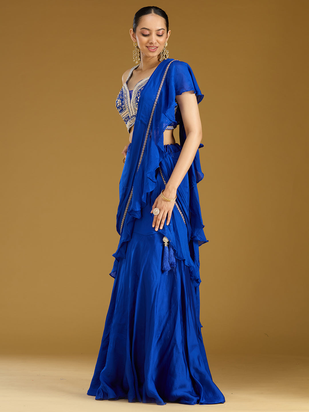 Royal Blue Cutdana Satin Readymade Saree