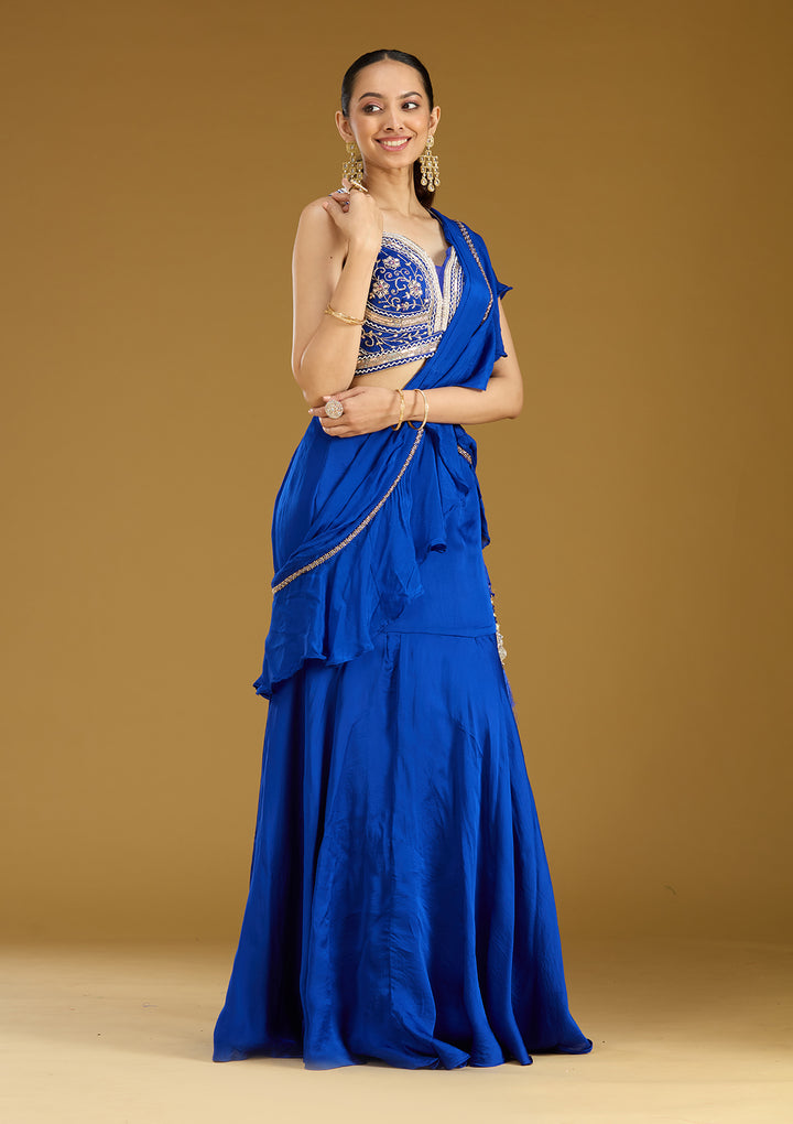 Royal Blue Satin Cutdana Saree With Matching Blouse Piece