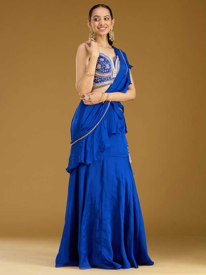 Royal Blue Cutdana Satin Readymade Saree